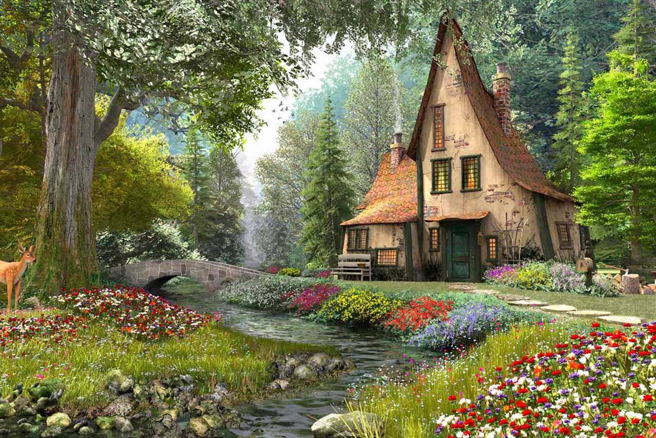 фотообои дом в лесу с цветами 8-135