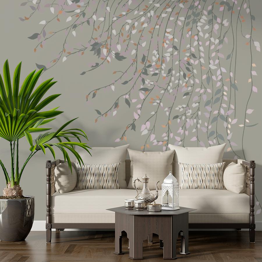 фотообои ветви с листьями на сером фоне 14-1092