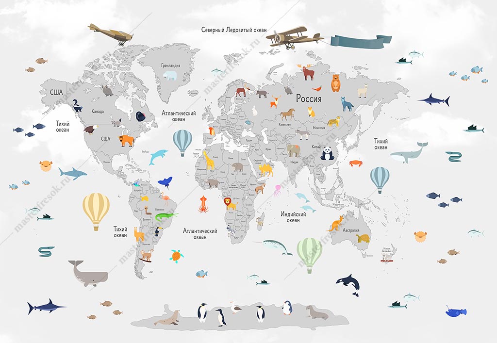 Фотообои Светлая карта мира с животными