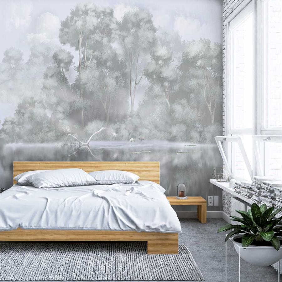 фотообои лес серый отражение в воде 13-970
