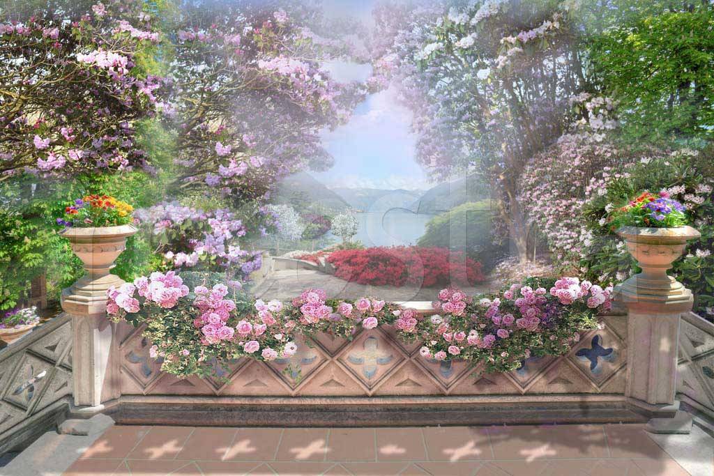Фотообои Балкон в розах с видом на озеро