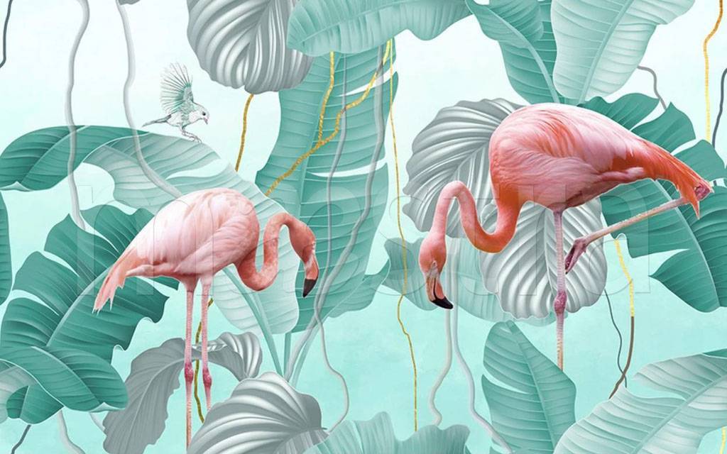 Фотообои Фламинго в тропических листьях