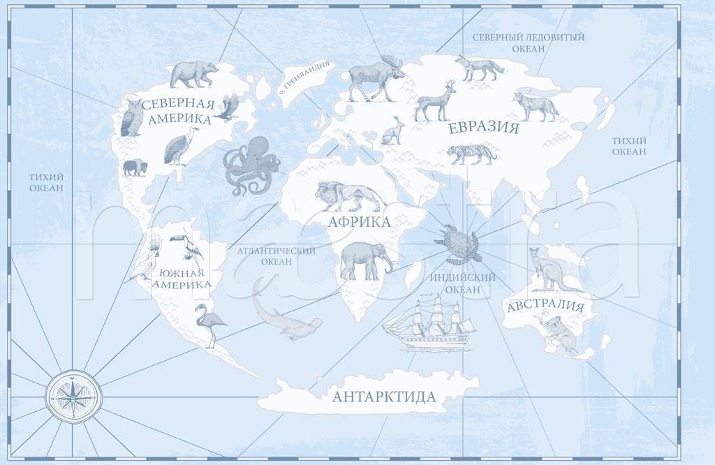 Фотообои Карта мира на русском с животными