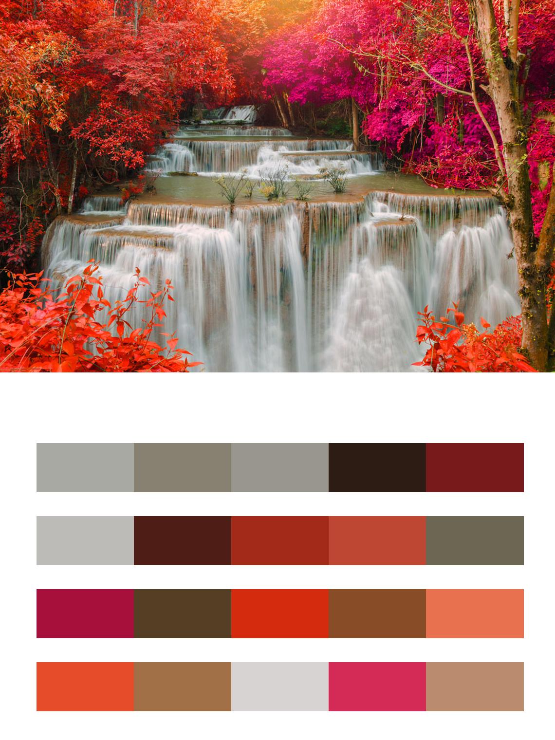 Водопад в красных цветах цвета