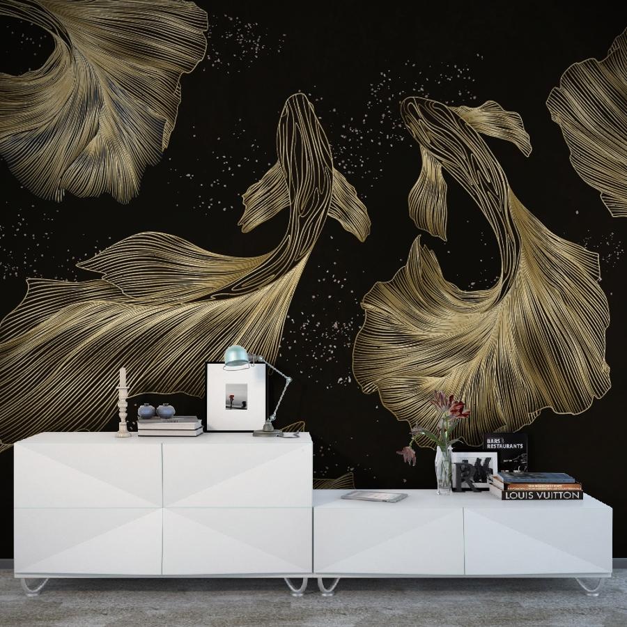 Купить фотообои рыбы золотистые на темном фоне 14-1266 в интернет-магазине Мастер Фресок Фотообои Рыбы золотистые на темном фоне 14-1266