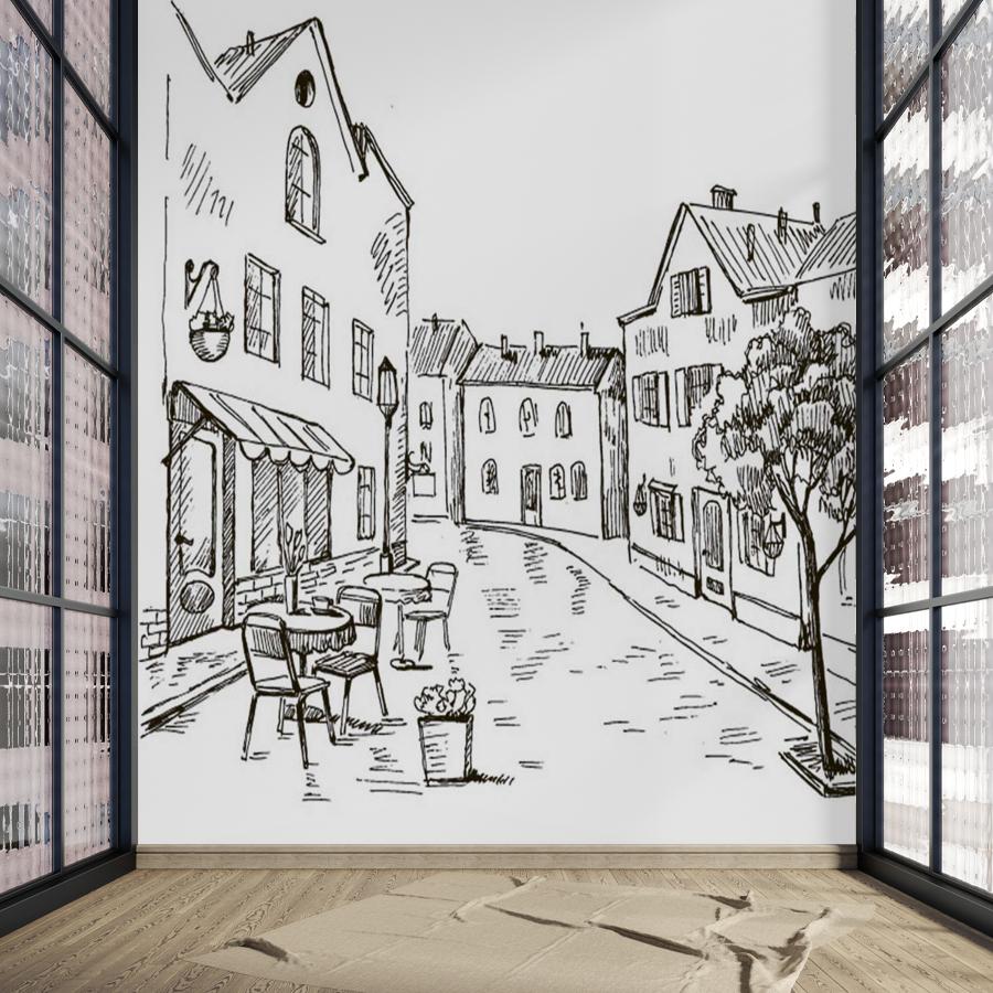 фотообои рисунок одинокое дерево в городе 9-141