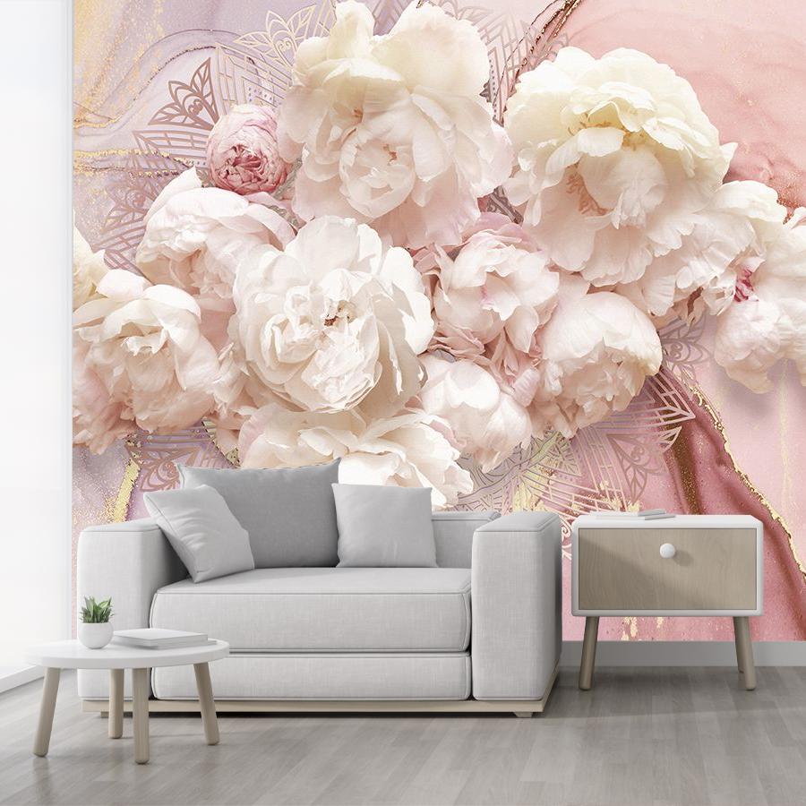 фотообои розовые пионы на мраморе 9-1888