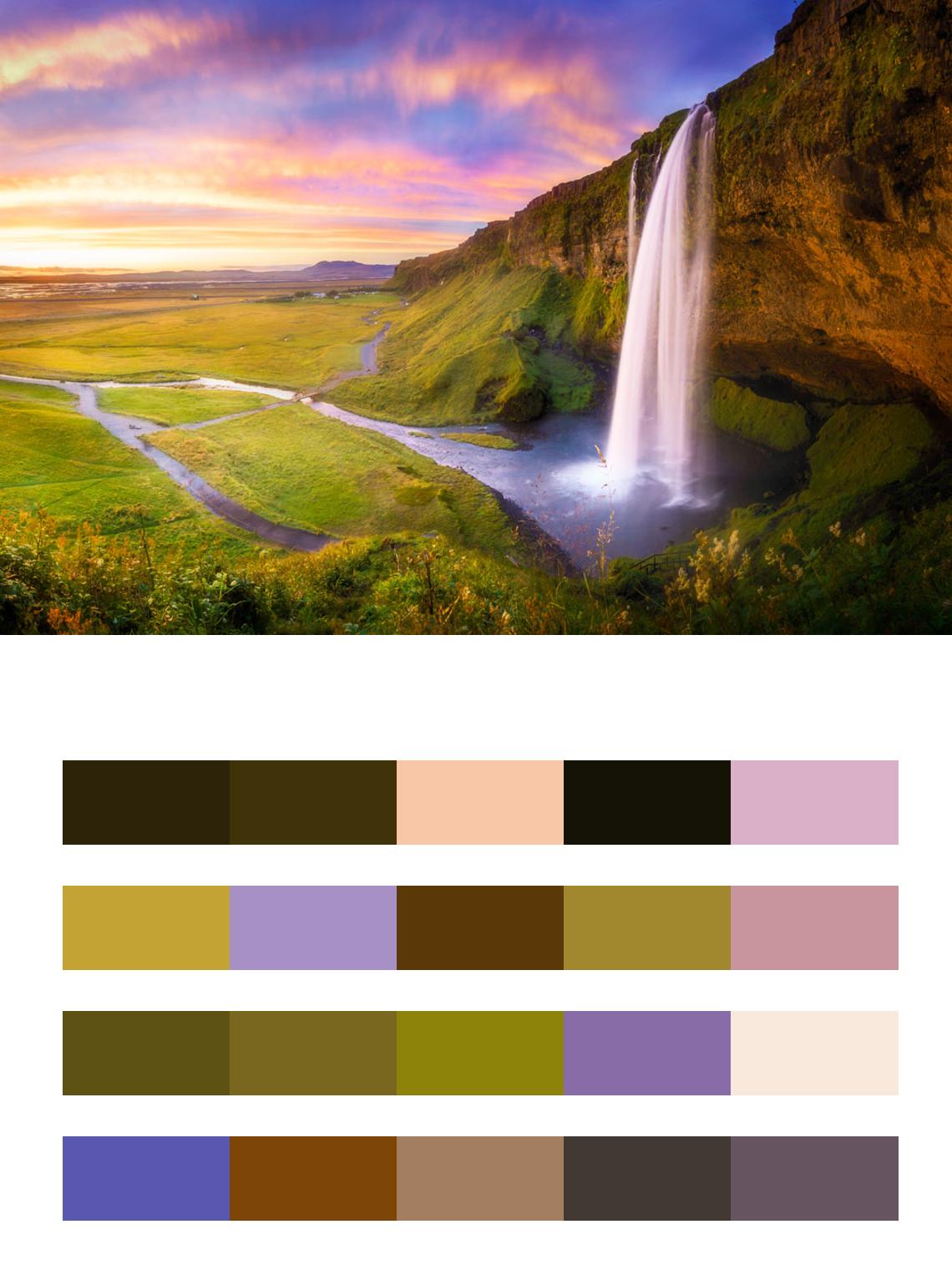 Исландский водопад Сельяландфосс на закате цвета