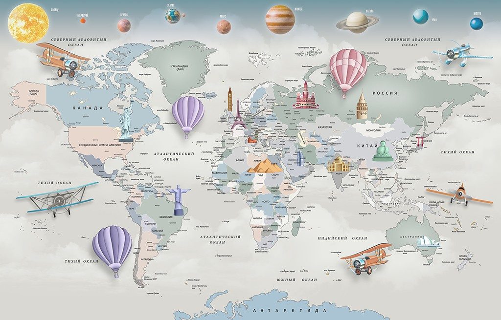 Фотообои Карта с планетами и шарами в синем стиле