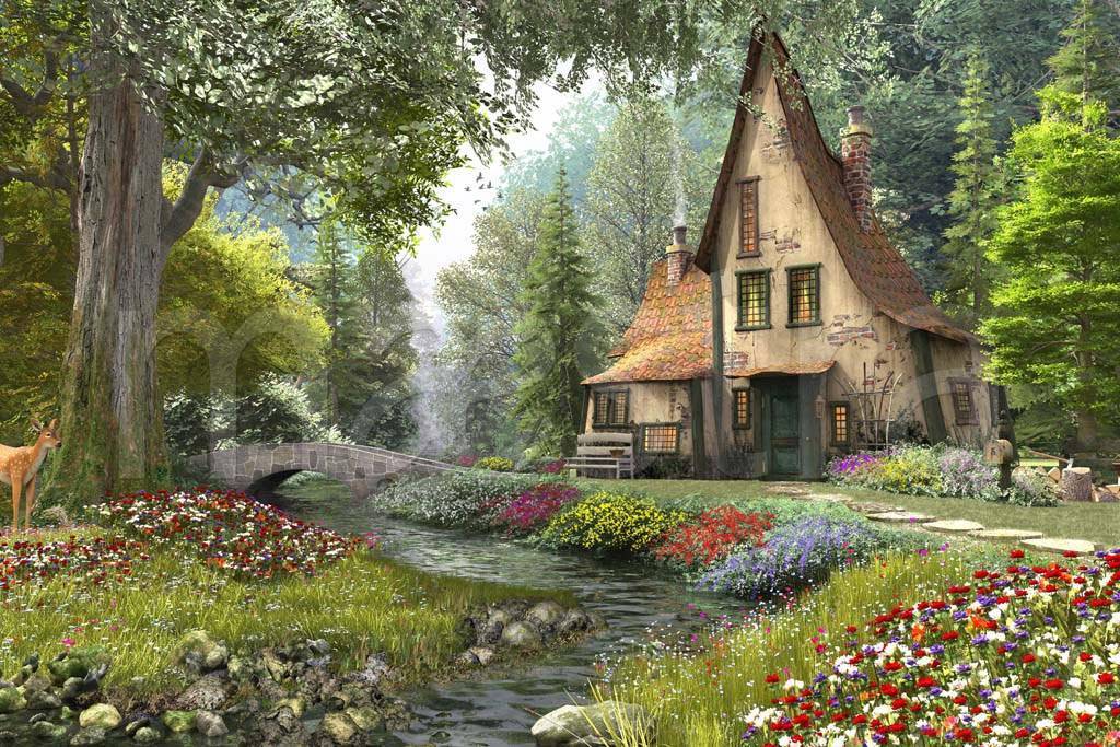 Фотообои Дом в лесу с цветами
