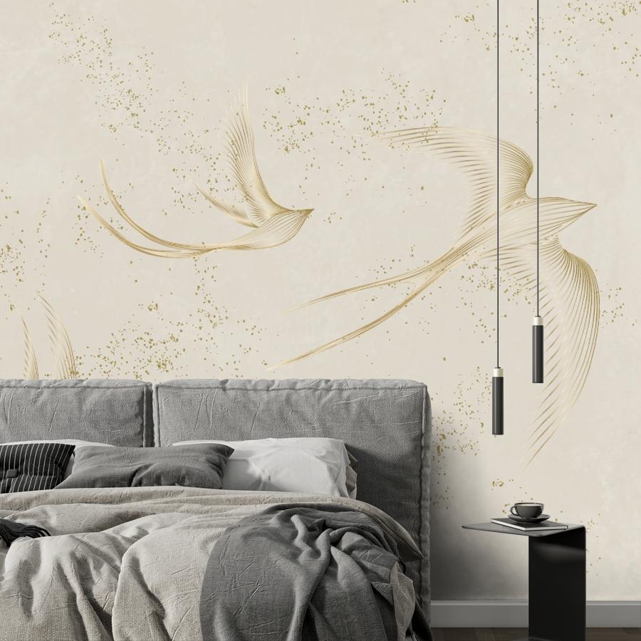 фотообои золотистые ласточки на бежевом фоне 14-1227