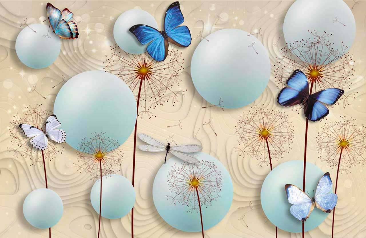 Фотообои Стереоскопические одуванчики с объемными шарами и бабочками
