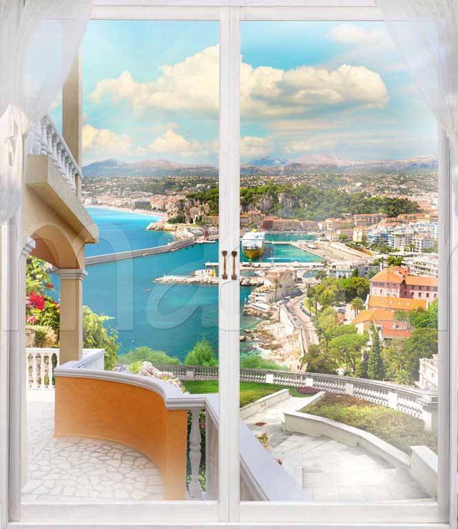 Фотообои Окно с видом на портовый город