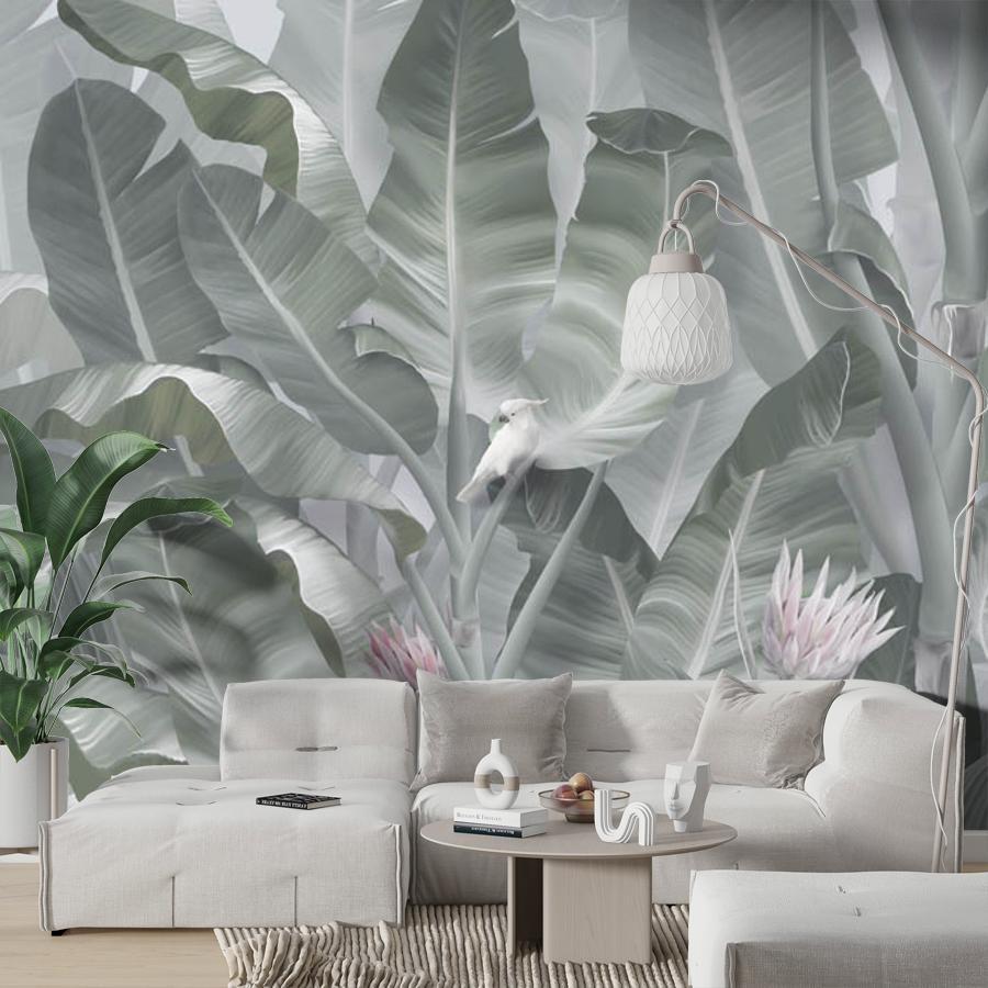 фотообои в спальню тропические листья серый фон 13-668