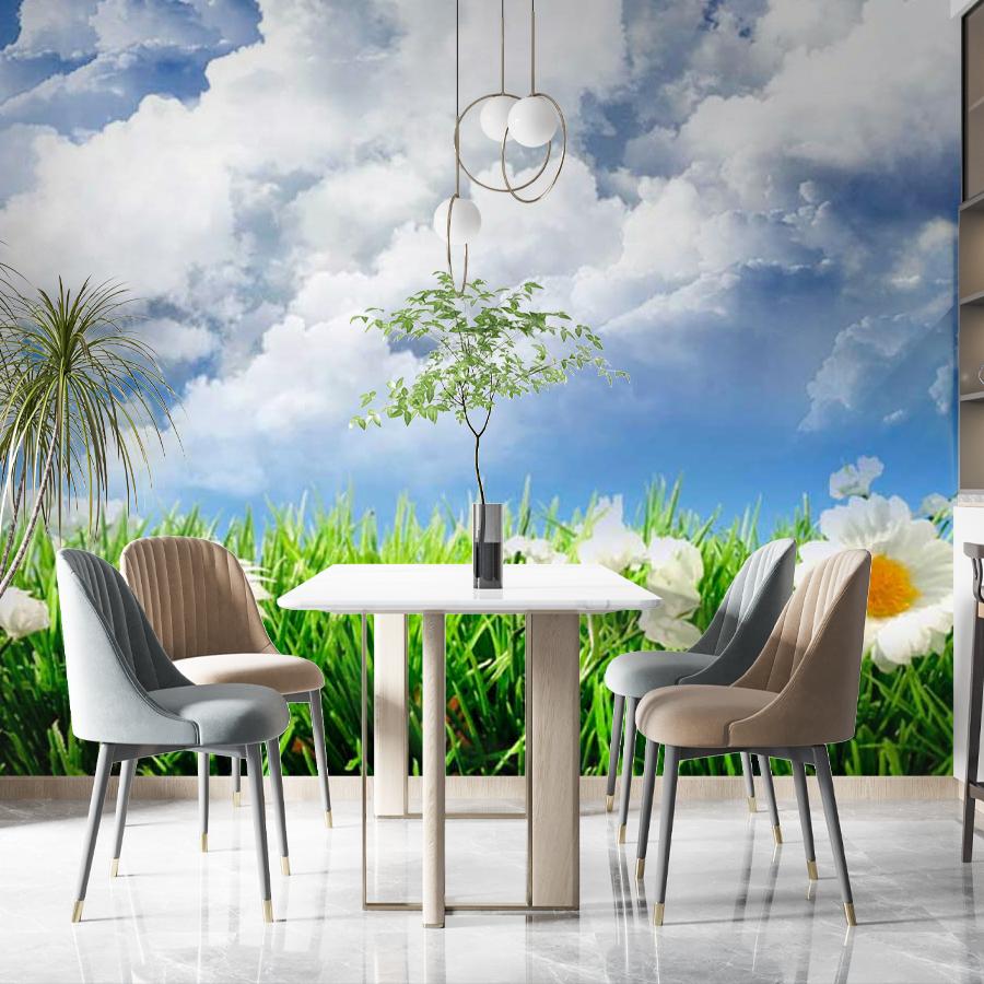 фотообои большие ромашки 3 д в поле и белые облака 9-388