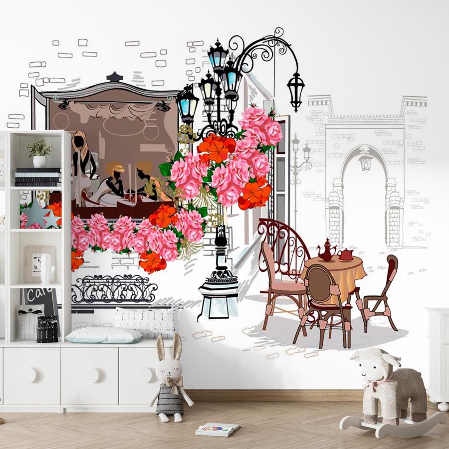 фотообои кафе и розовые цветы 9-137