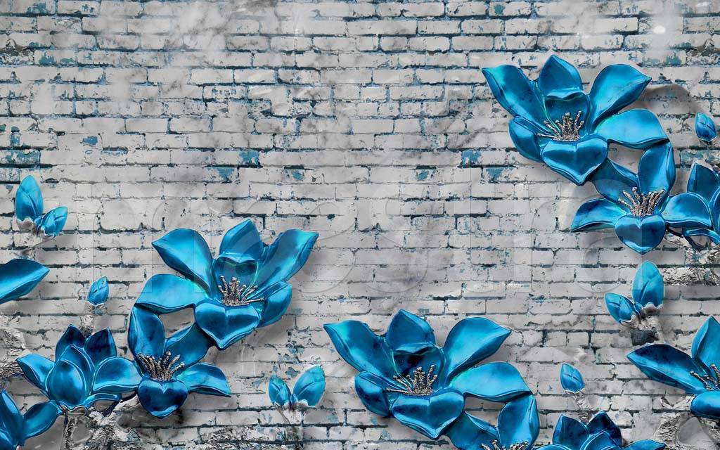 Фотообои 3д синие цветы на фоне кирпичей