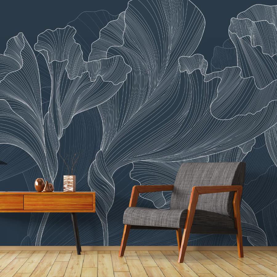 фотообои листья белые на синем фоне 14-1048