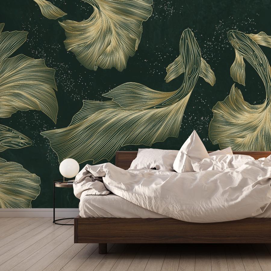 Фотообои Рыбы золотые на зеленом фоне 14-1267