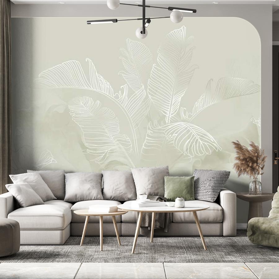 фотообои листья в бежевом тумане