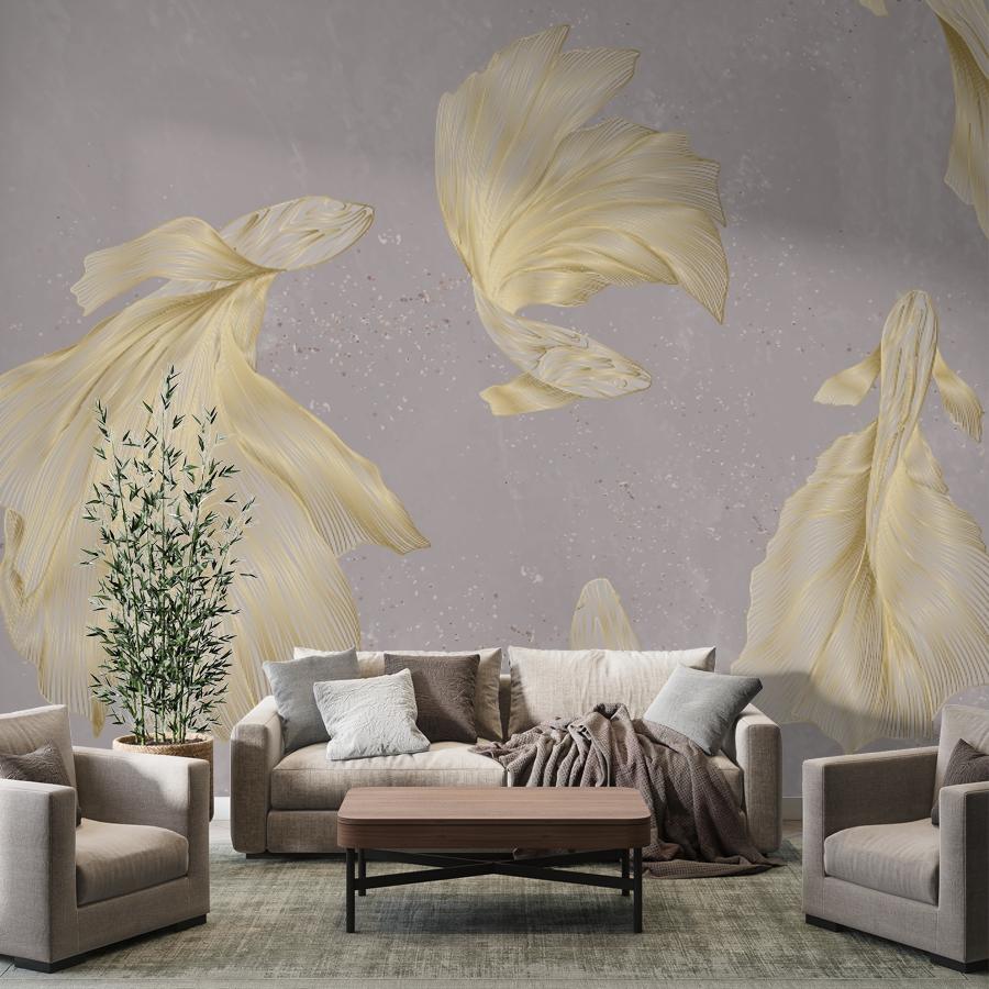 фотообои рыбки золотые на сером в гостиную 14-1278