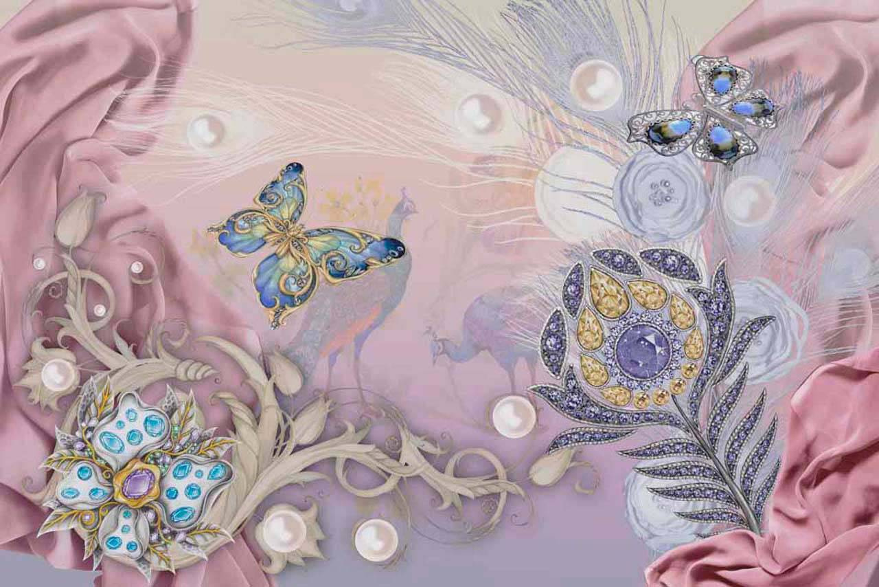 Фотообои Цветы и голубые бабочки 3д
