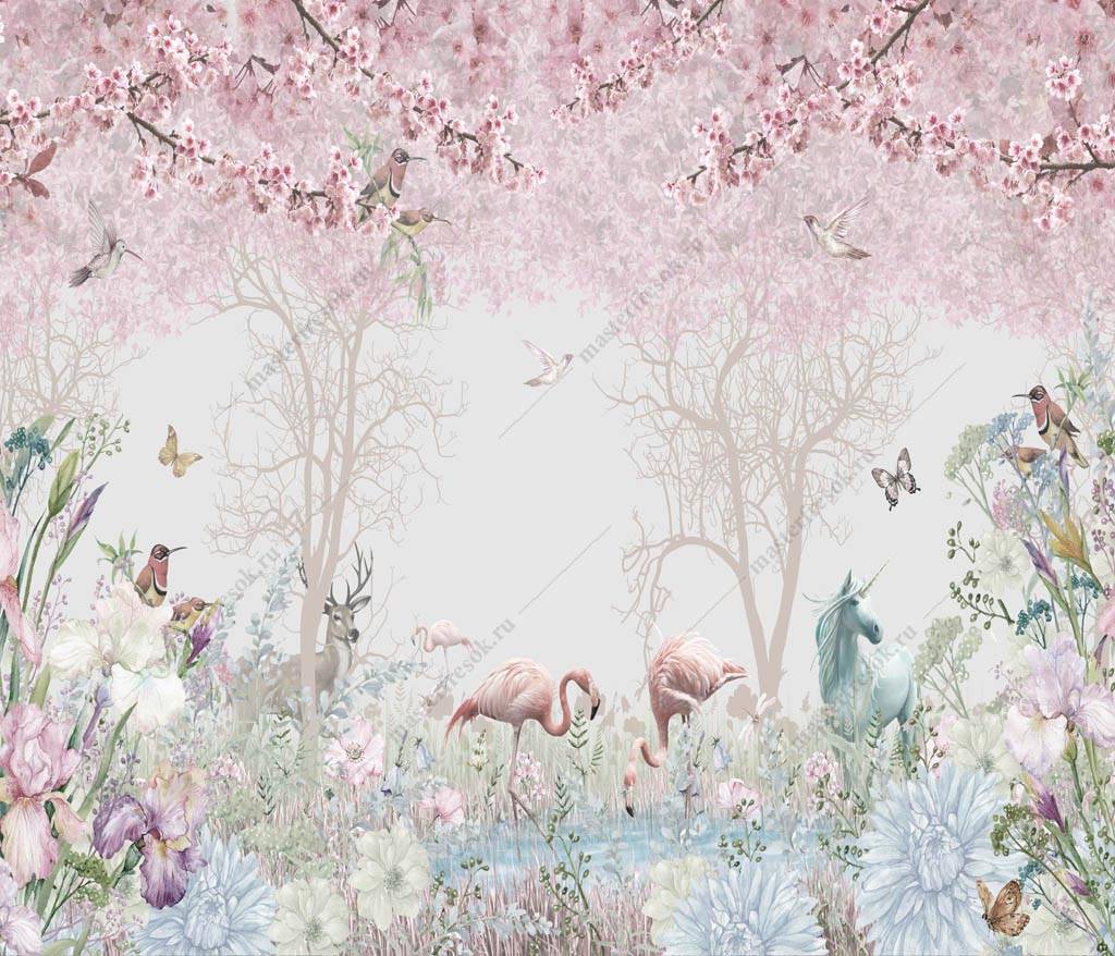 Фотообои Райский сад с фламинго