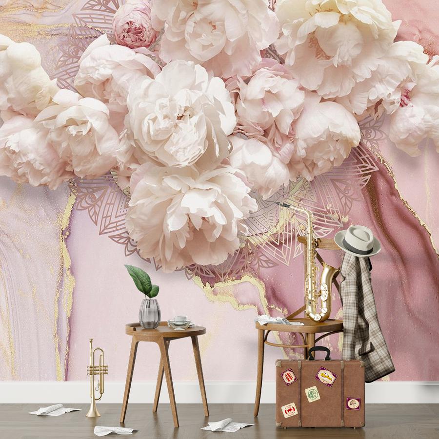 фотообои розовые пионы на мраморе 9-1888