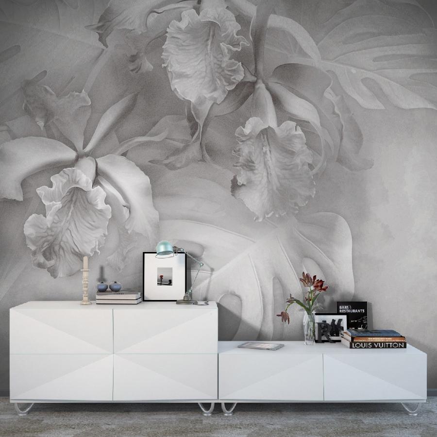 фотообои листья монстеры и цветы ириса 13-1110