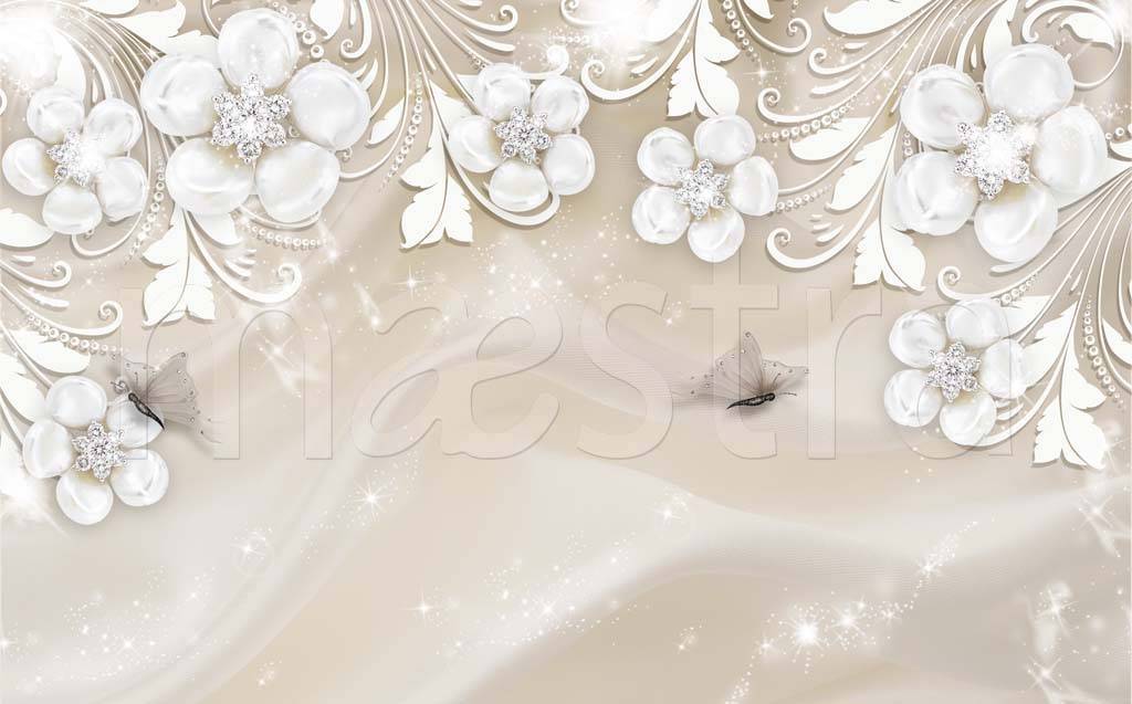 Фотообои 3д белые цветы на светлом шелке