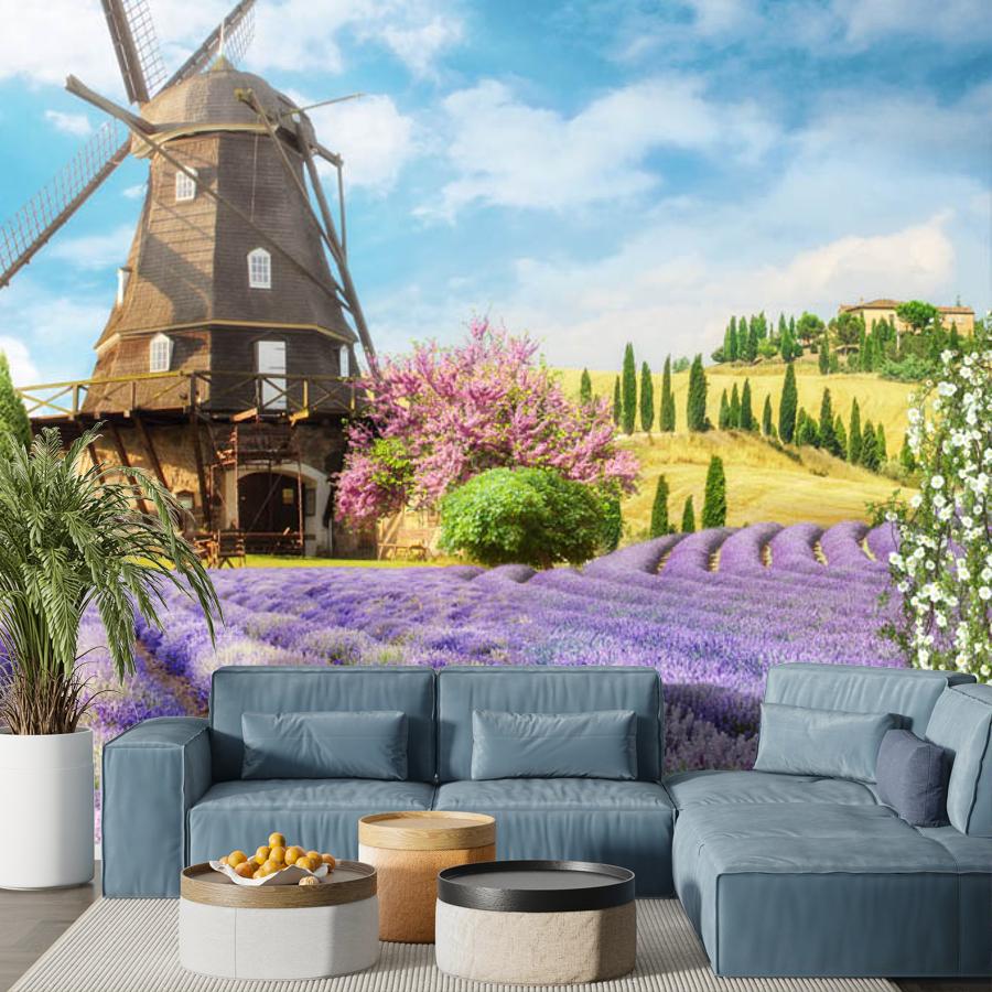 фотообои цветущее поле с мельницей 19-0183