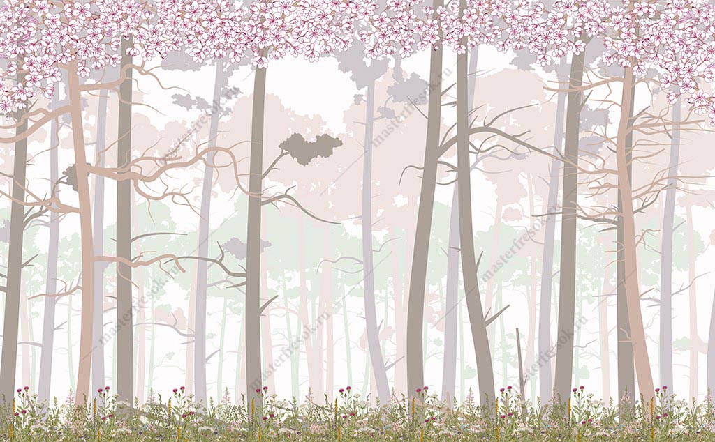 Фотообои Цветение сакуры в сказочном лесу