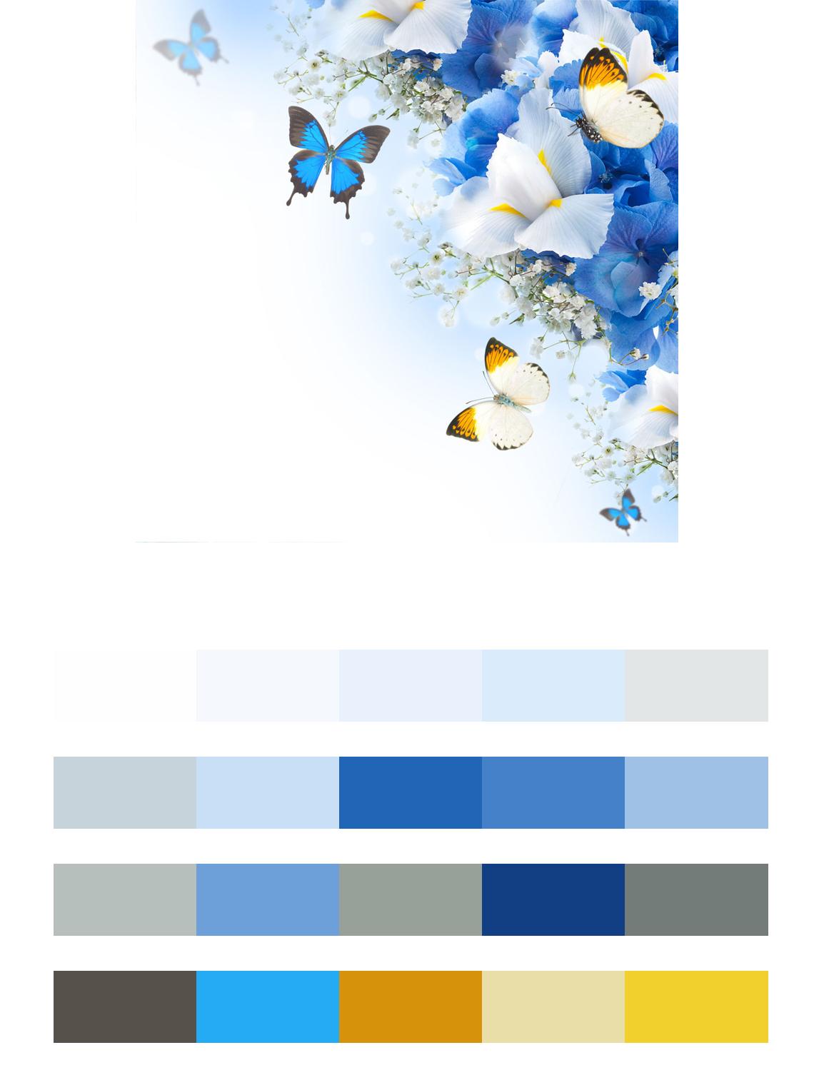 Синие цветы и бабочки цвета