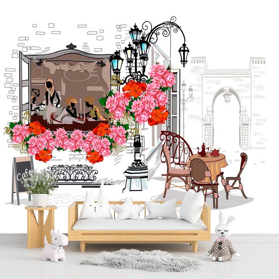 фотообои кафе и розовые цветы 9-137