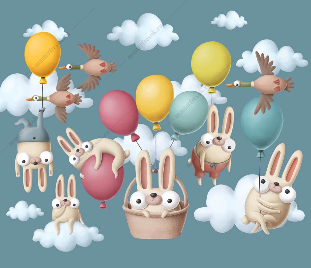 Фотообои Кролики на воздушных шариках
