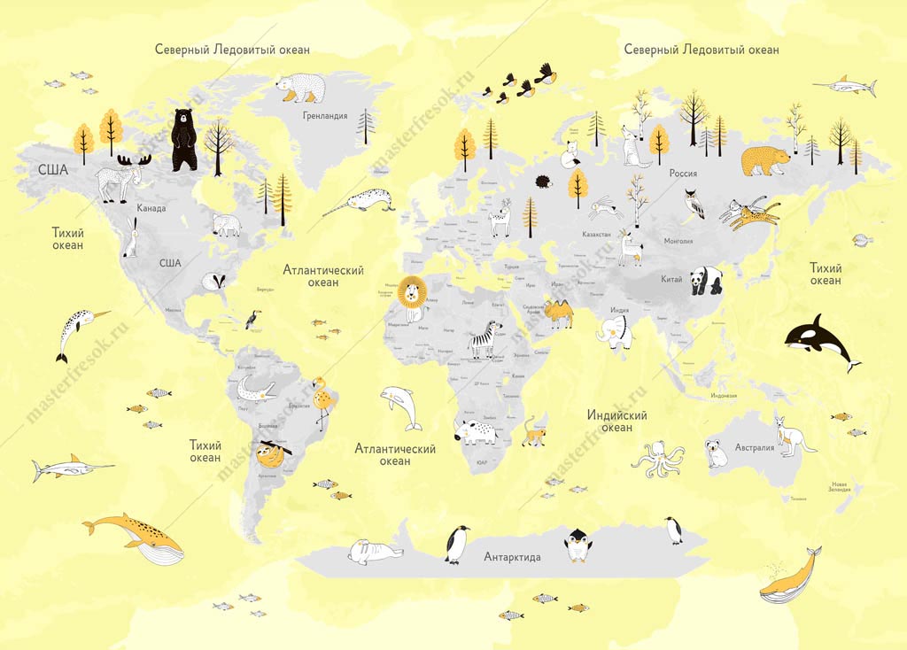 Фотообои Карта мира с желтым фоном