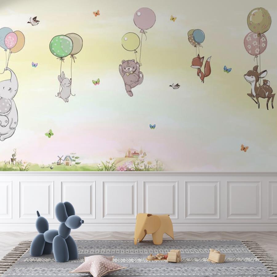 фотообои милые зверята на воздушном шаре 12-1203 фотообои милые зверята на воздушном шаре 12-1203