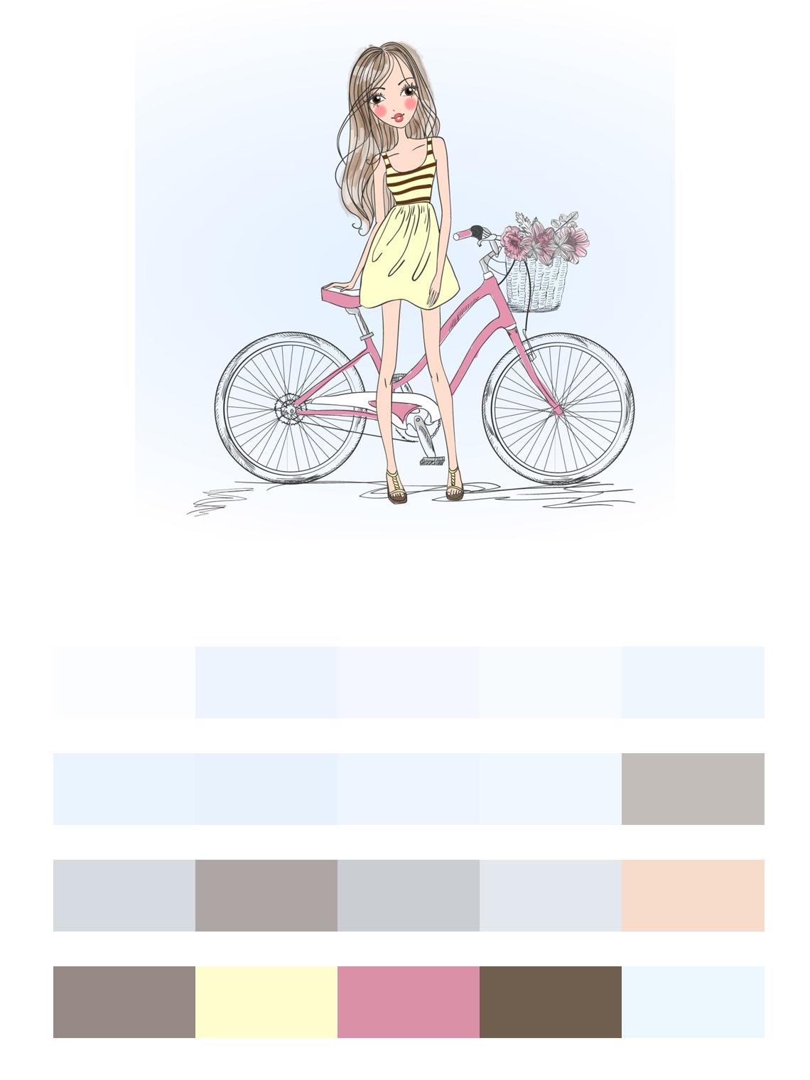 Модница на велосипеде цвета