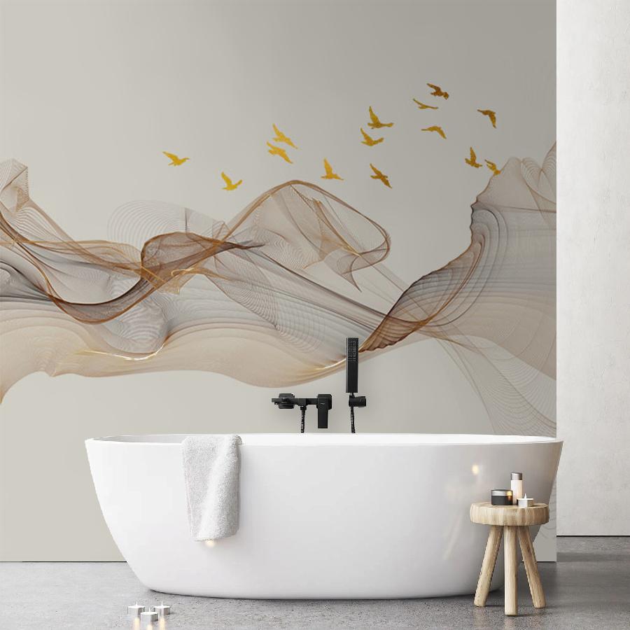 фотообои орнамент с линиями и золотистыми птицами 14-986