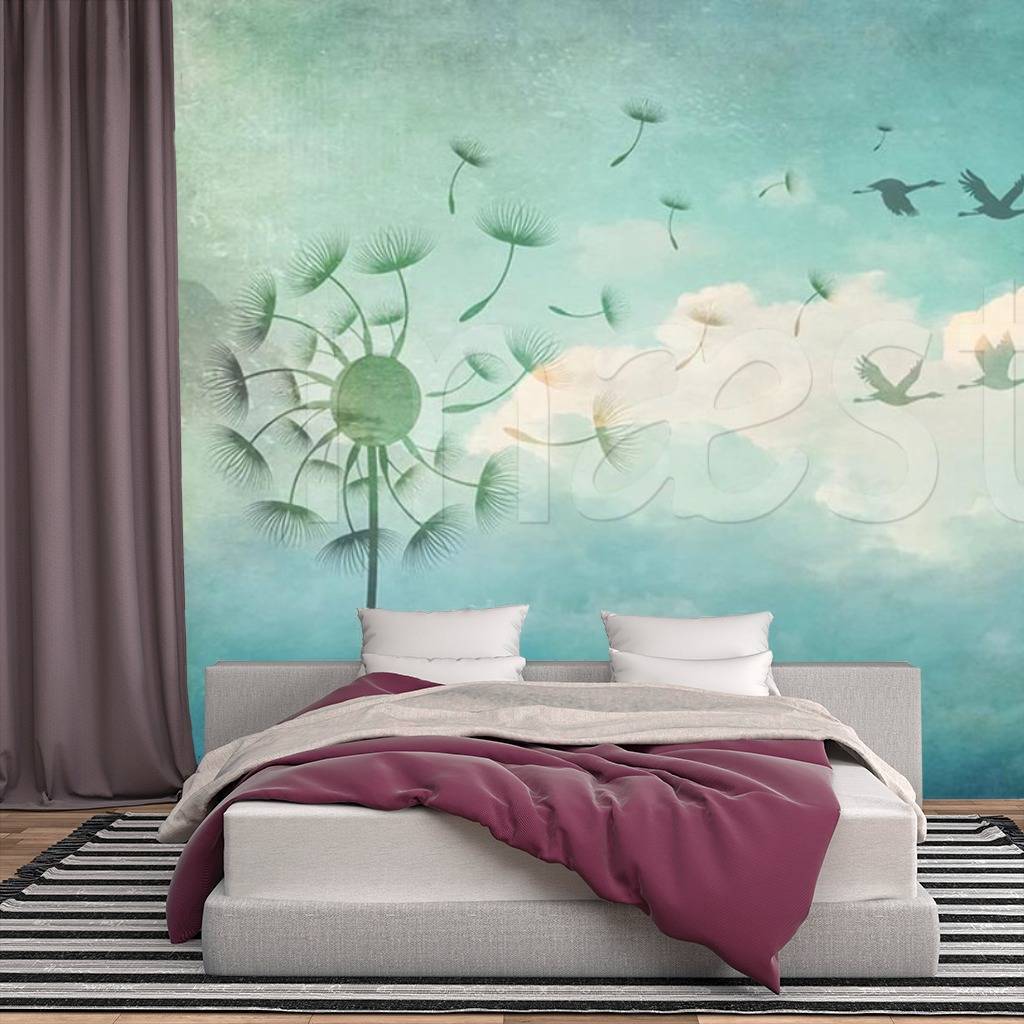 спальня с перьями на стене