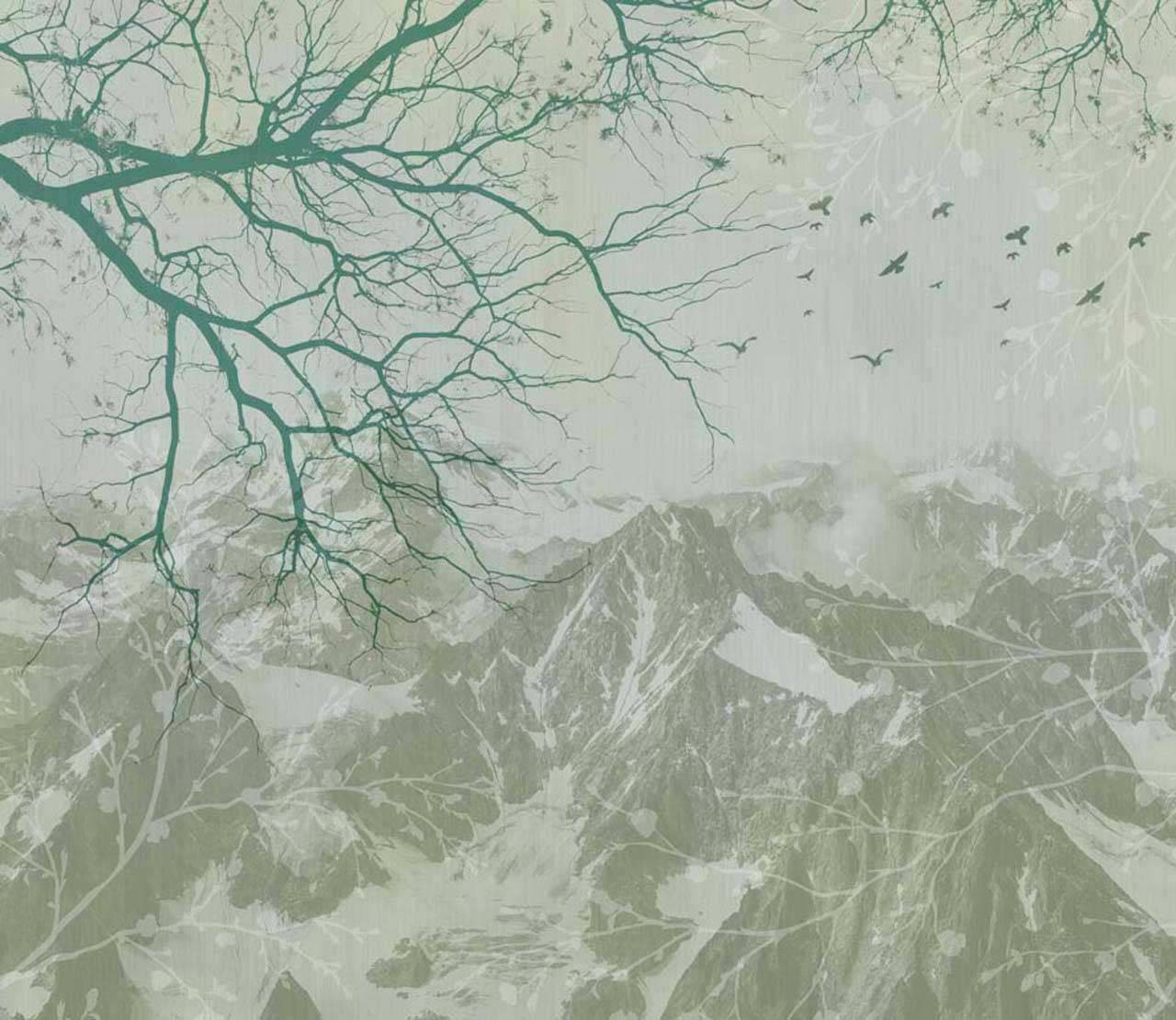 Фотообои Ветка на фоне гор зеленая