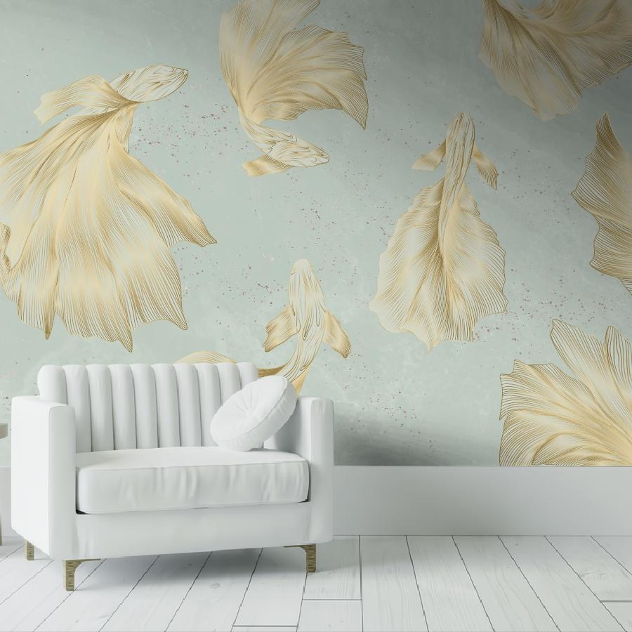 Фотообои и фотообои рыбки на зеленом фоне в детскую 14-1279