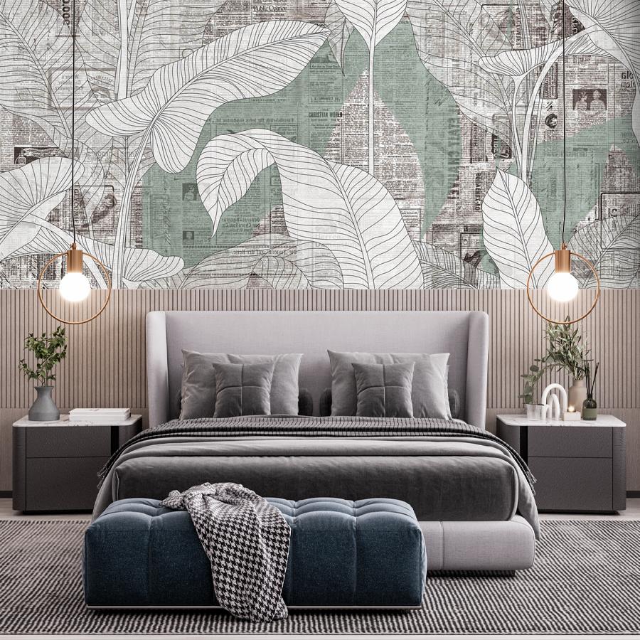 фотообои старая газета и тропические листья 9-1246