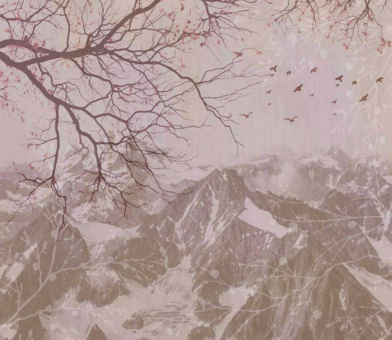 Фотообои Ветка на фоне гор коричневая