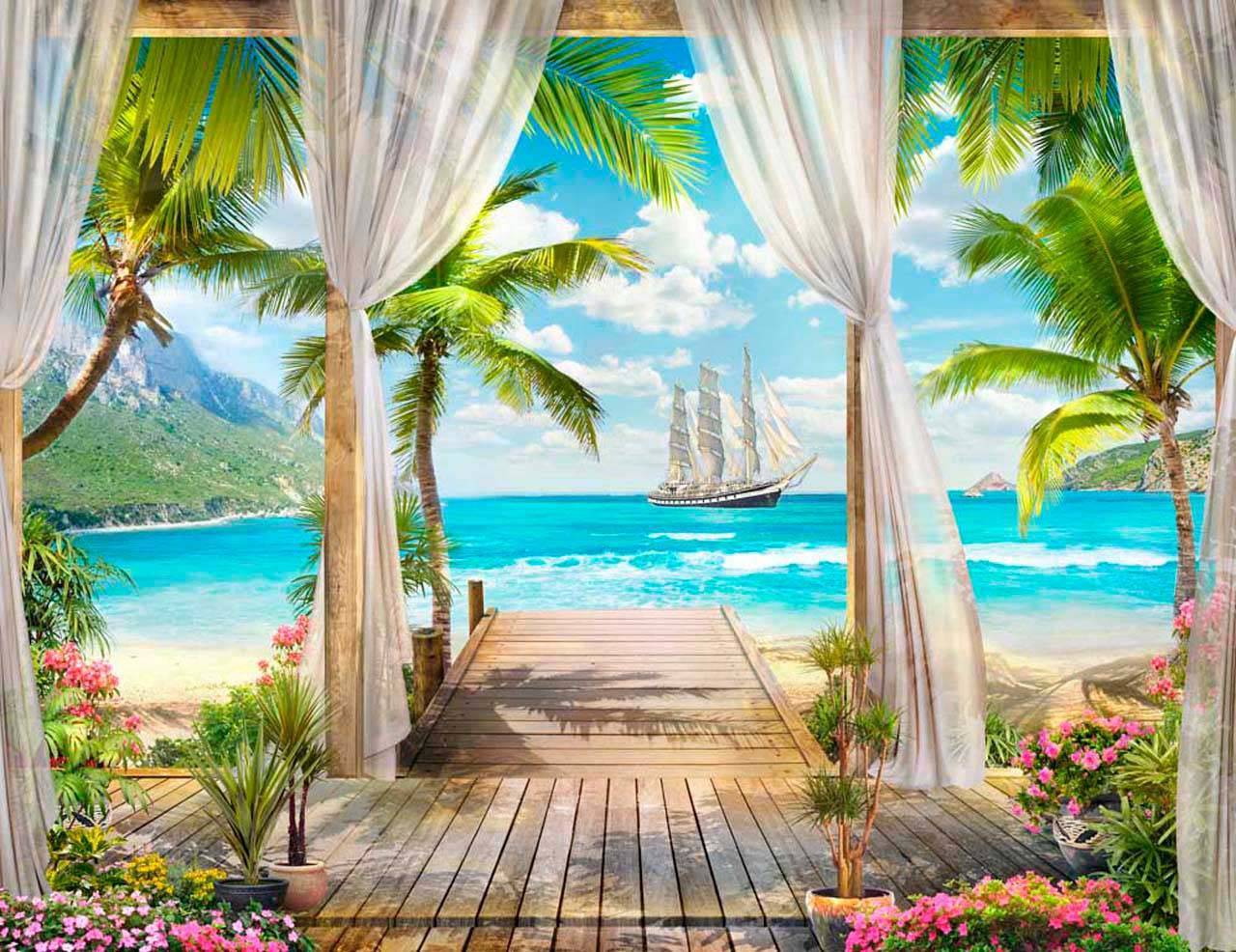 фотообои вид на море с кораблем и шторками 11-113