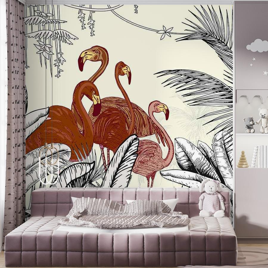 фотообои фламинго и попугаи в тропиках 12-1548