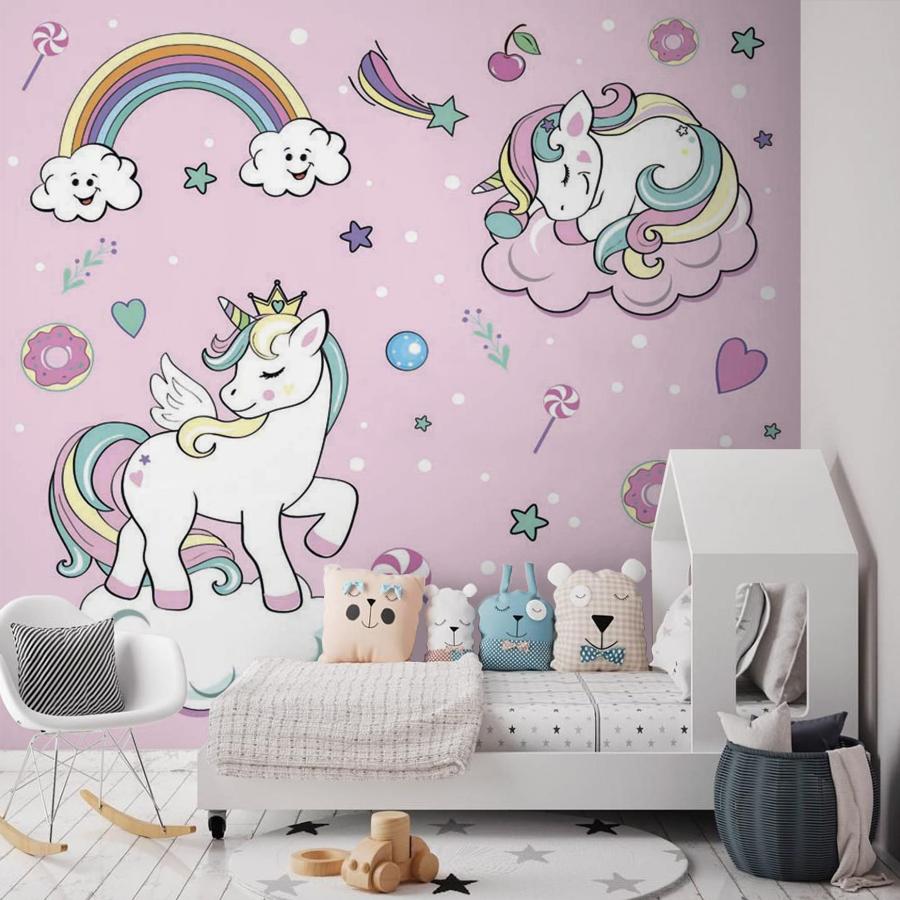 фотообои единорог на облаках на розовом фоне 12-416