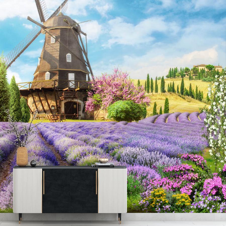 фотообои цветущее поле с мельницей 19-0183