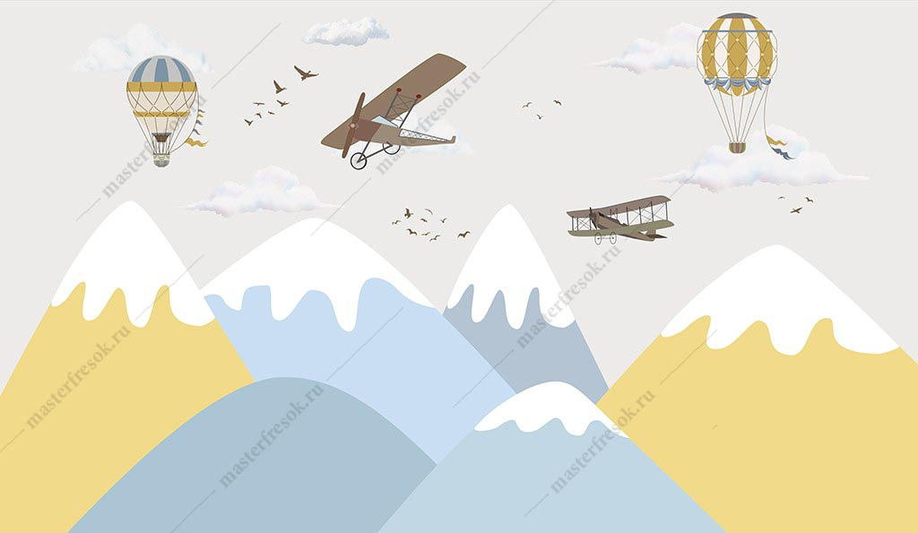 Фотообои Воздушные шары и самолёты среди снежных вершин