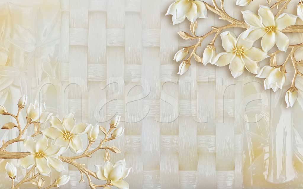 Фотообои Белые цветы на золотых ветках